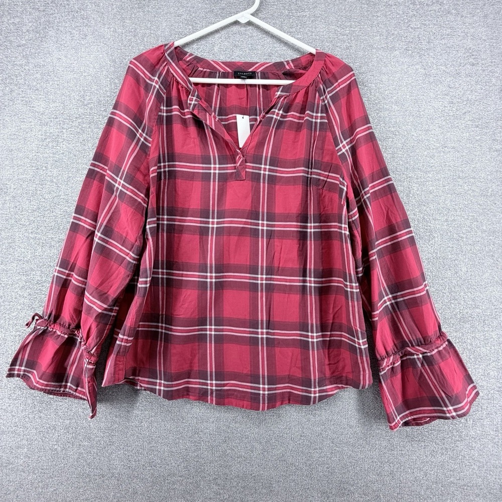 Talbots Blouse Top Women Size Medium Long Sleeve Red Plaid Cottage NEW $79